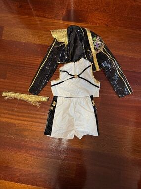 Kids Black and White Sequin Dance Costume with Gold Accents